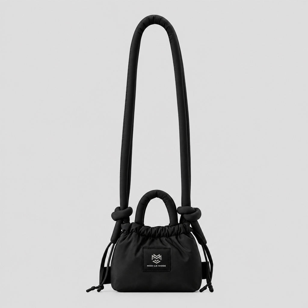 Black MOD-LE-MODE PUFFER Mini multiway convertible tote bag with drawstring closure, long shoulder strap and front logo patch.